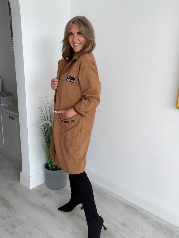 Women’s Suede Coat – Free Size 8-18 | Longline Jacket with Pockets