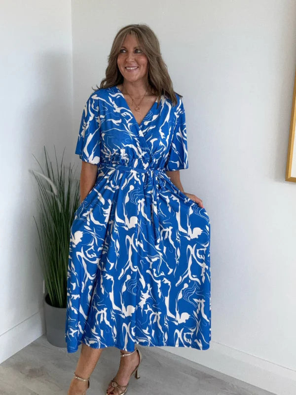 Navy, Bold Pink & Flowy Blue Abstract Wrap Midi Dress One Size (142 Lady Style Fashion Navy, Bold Pink & Flowy Blue Abstract Wrap Midi Dress One Size (142 Lady Style Fashion