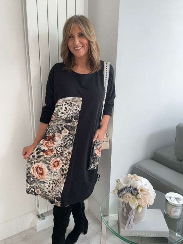 Black Floral Leopard Patch Print Dress – One Size Fits 10–20