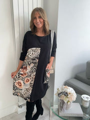 Black Floral Leopard Patch Print Dress – One Size Fits 10–20