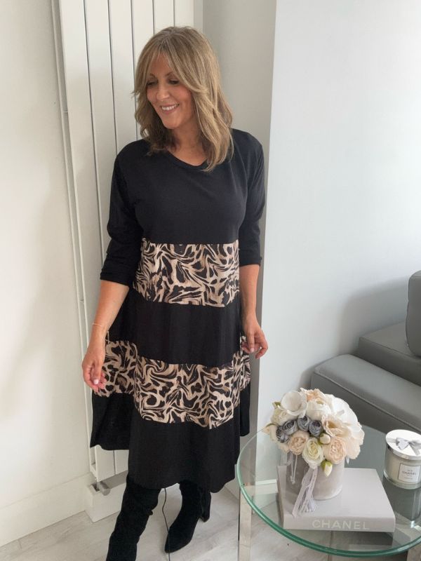 Black & Beige Animal Print Panel Midi Dress – One Size (UK 8–18)