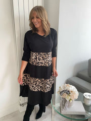 Black & Beige Animal Print Panel Midi Dress – One Size (UK 8–18)