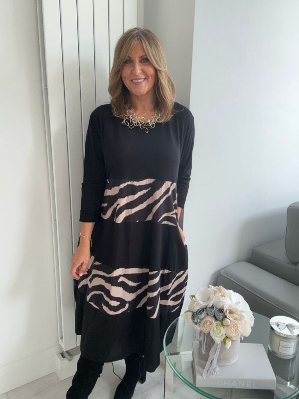 Black & Beige Zebra Print Panel Midi Dress – One Size (UK 8-18)
