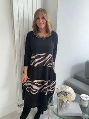 Black & Beige Zebra Print Panel Midi Dress – One Size (UK 8-18)