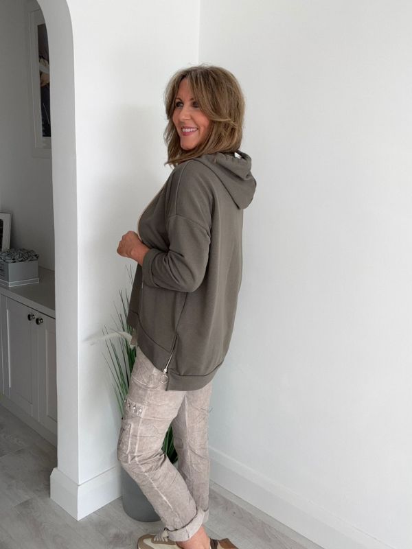 Women’s casual hooded top with drawstring, free size fit (UK 10–18), available in multiple colours, designed for everyday casual wear and layering.