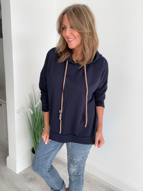 Women’s casual hooded top with drawstring, free size fit (UK 10–18), available in multiple colours, designed for everyday casual wear and layering.