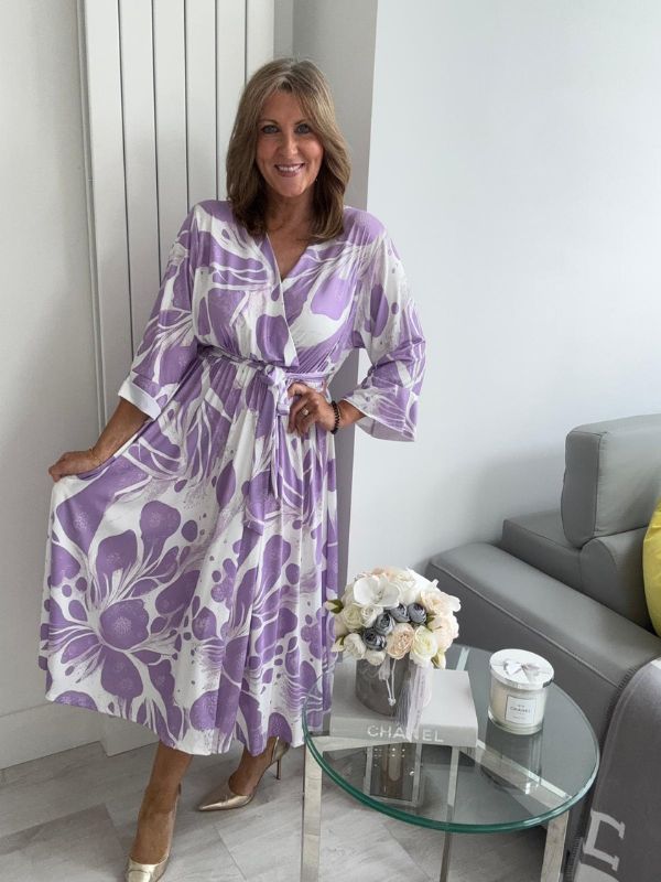 Flowy purple marble wrap dress with flared sleeves for UK sizes 14–24