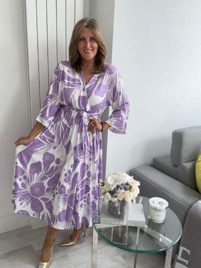 Flowy purple marble wrap dress with flared sleeves for UK sizes 14–24