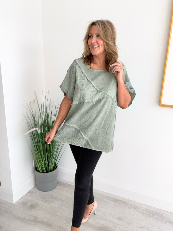 Brushed Cotton Linen Embroidered Top – Relaxed Fit Tee (Free Size 8-18)