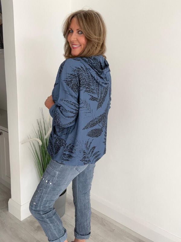 Leaf Print Zip Front Hoodie Top with hood and zip closure, free size fit (10–18), designed in lightweight fabric for casual everyday wear.