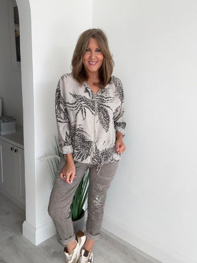 Leaf Print Zip Front Hoodie Top with hood and zip closure, free size fit (10–18), designed in lightweight fabric for casual everyday wear.