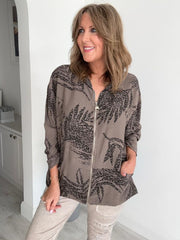 Leaf Print Zip Front Hoodie Top with hood and zip closure, free size fit (10–18), designed in lightweight fabric for casual everyday wear.