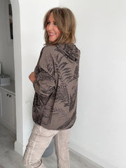 Leaf Print Zip Front Hoodie Top with hood and zip closure, free size fit (10–18), designed in lightweight fabric for casual everyday wear.