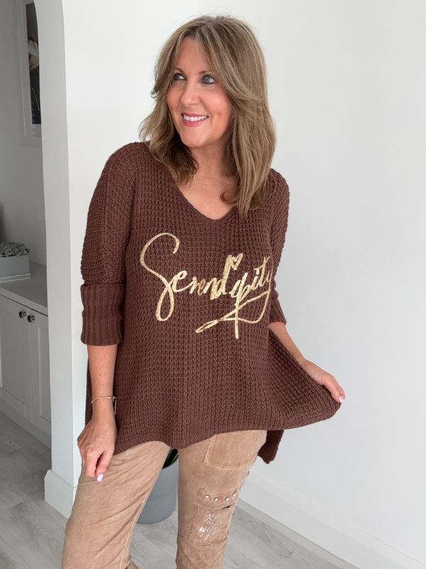 Serendipity oversized jumper in soft waffle knit with gold script, one size UK 10–20