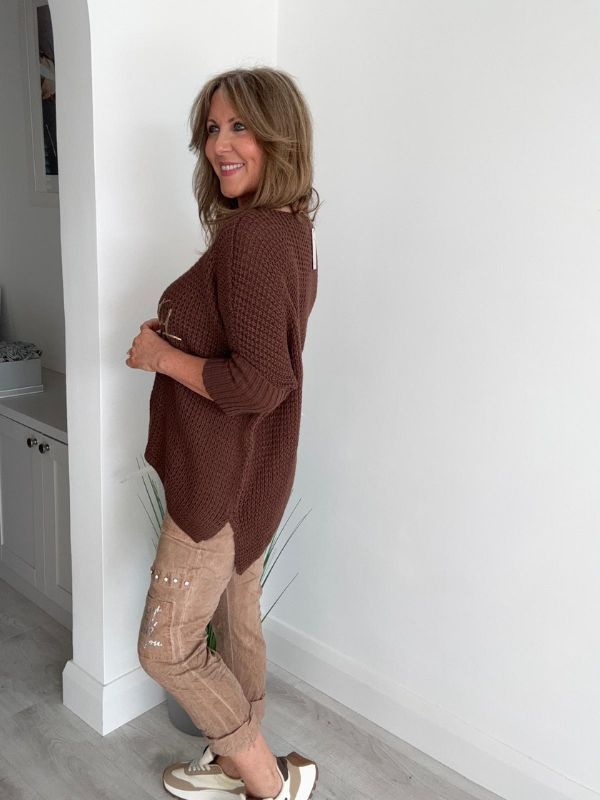 Serendipity oversized jumper in soft waffle knit with gold script, one size UK 10–20