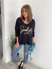 Serendipity oversized jumper in soft waffle knit with gold script, one size UK 10–20