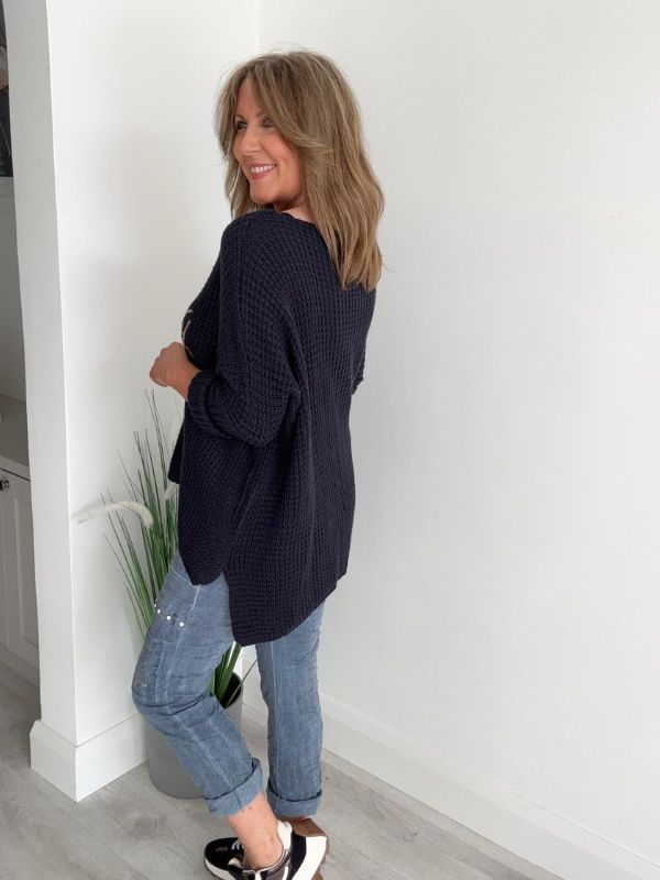 Serendipity oversized jumper in soft waffle knit with gold script, one size UK 10–20