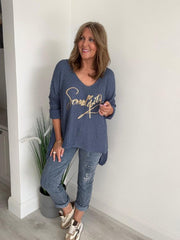 Serendipity oversized jumper in soft waffle knit with gold script, one size UK 10–20