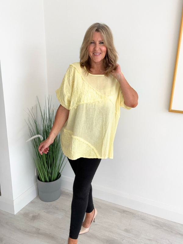 Brushed Cotton Linen Embroidered Top – Relaxed Fit Tee (Free Size 8-18)
