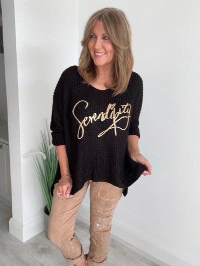 Serendipity oversized jumper in soft waffle knit with gold script, one size UK 10–20