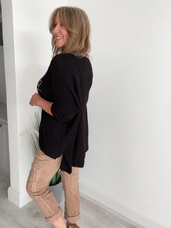 Serendipity oversized jumper in soft waffle knit with gold script, one size UK 10–20