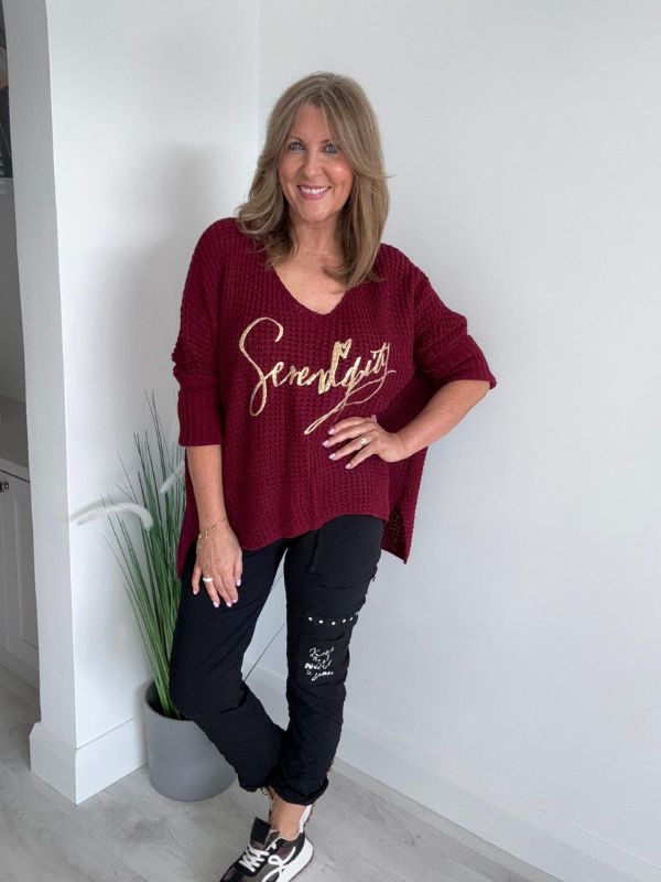 Serendipity oversized jumper in soft waffle knit with gold script, one size UK 10–20