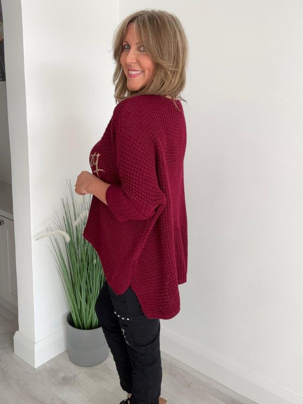 Serendipity oversized jumper in soft waffle knit with gold script, one size UK 10–20