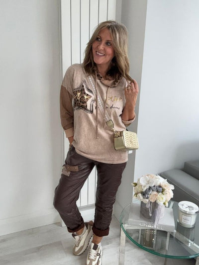 Star Leopard Print Hoodie in Dark Beige with leopard star patch and gold slogan
