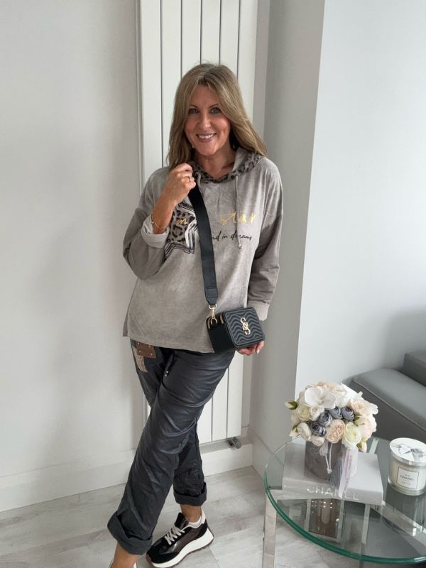 Star Leopard Print Hoodie in Charcoal Grey with leopard star patch on front