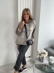 Star Leopard Print Hoodie in Charcoal Grey with leopard star patch on front