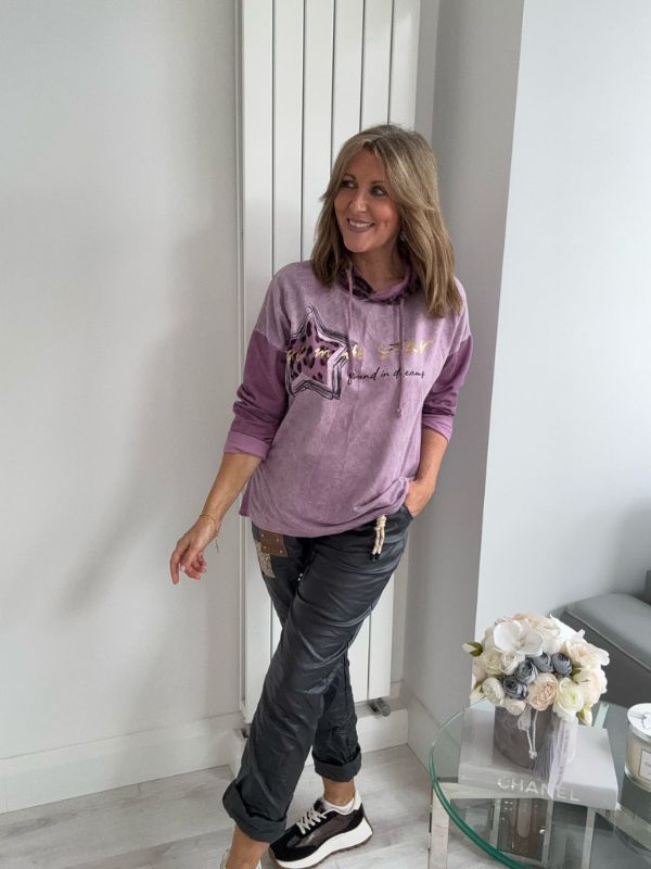 Star Leopard Print Hoodie in Vintage Purple with oversized fit and hood