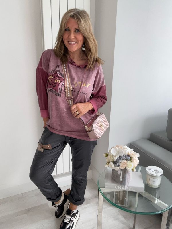 Star Leopard Print Hoodie in Burgundy with leopard star motif and slogan text