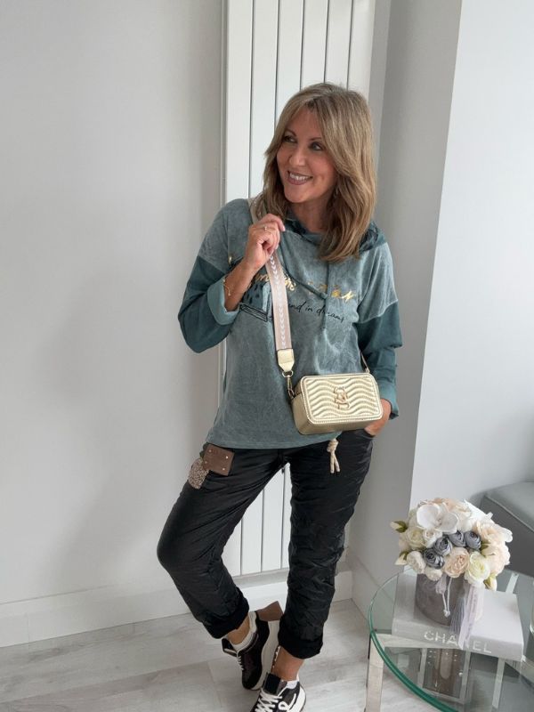 Star Leopard Print Hoodie in Denim Blue and Khaki with oversized design