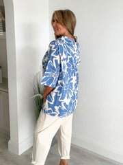 Watercolor floral print loose blouse with classic collar, available in navy and baby blue, free size 8–18