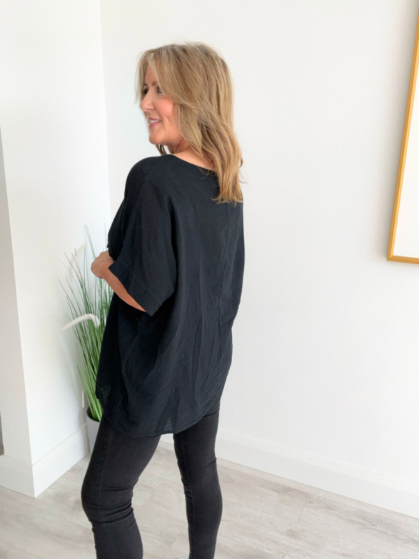 Brushed cotton and linen embroidered top with short sleeves and relaxed fit, displayed flat on neutral background