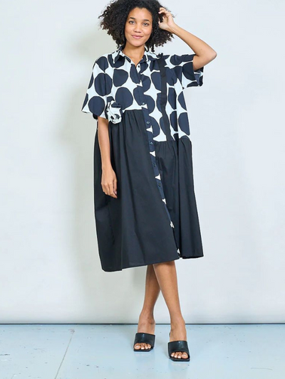 Oversized polka dot panel shirt dress with rosette detail, short sleeves, and button-down front, free size 10–22