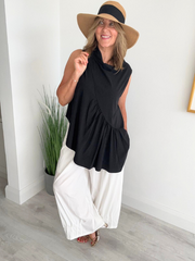Vintage asymmetrical hem sleeveless top with cowl neckline in lightweight fabric – fits sizes 8 to 16