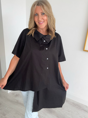Vintage asymmetric button down shirt with abstract solid color and classic collar – fits sizes 8 to 20