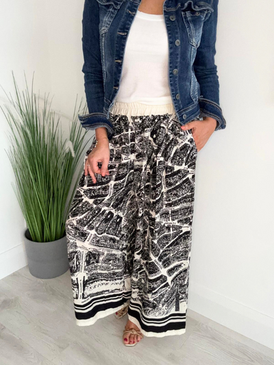 Vintage wide-leg trousers with all-over city map print and elastic waistband, made from lightweight 100% viscose – fits UK sizes 8 to 20.