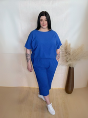 Model wearing Bold in Bark 3/4 Length Co-Ord Set with Tree Bark Fabric T-Shirt and Culotte Trousers – Comfortable and Stylish Casual Outfit