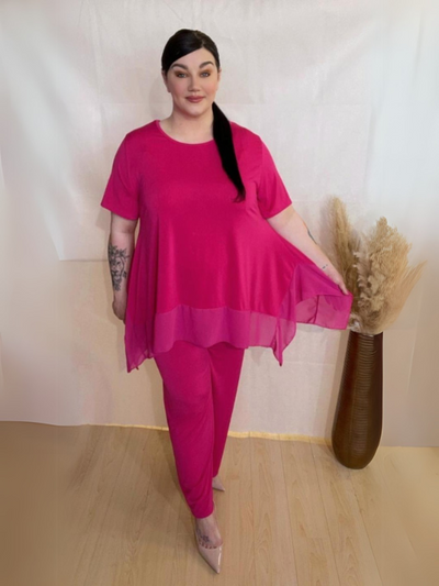 Plus Size Chiffon Co-ord Set with Handkerchief Top and Wide-Leg Pants