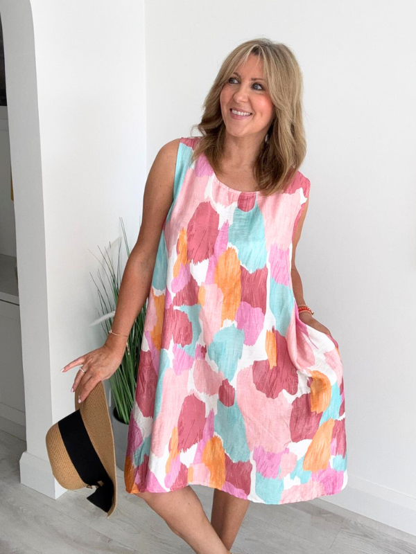Printed sleeveless mini dress with A-line fit and side pockets – lightweight and breathable, free size fits 8–20