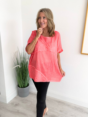 Brushed cotton and linen embroidered top with short sleeves and relaxed fit, displayed flat on neutral background
