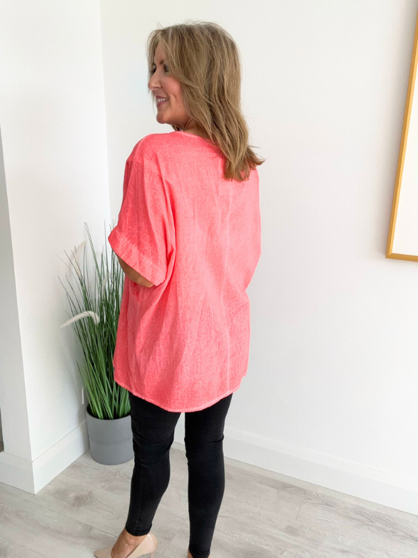 Brushed cotton and linen embroidered top with short sleeves and relaxed fit, displayed flat on neutral background