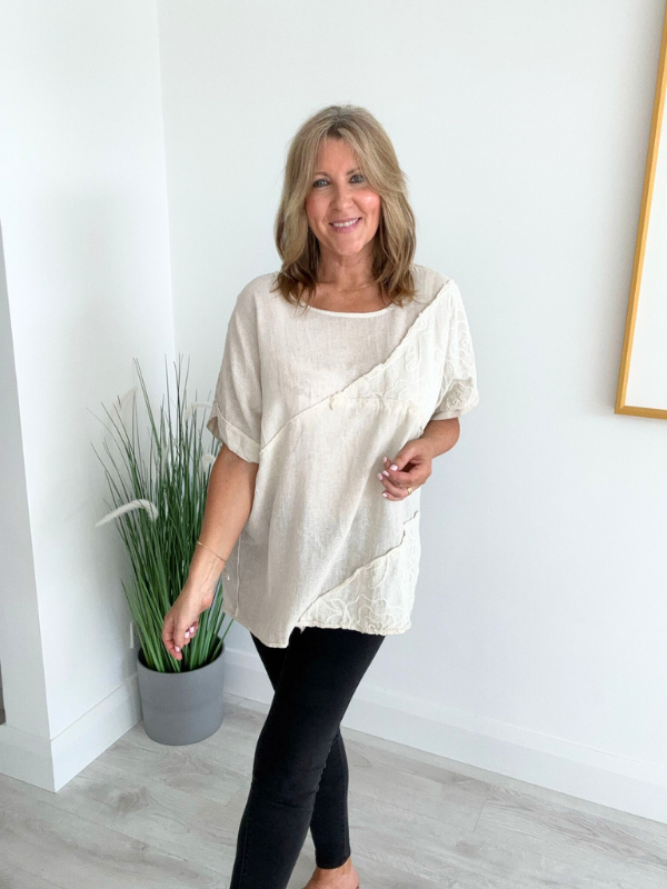 Brushed cotton and linen embroidered top with short sleeves and relaxed fit, displayed flat on neutral background