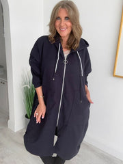 Women’s Curvy Range oversized coat, free size fits 18–24. Features a relaxed zip-up front, large pockets, and drawstring hood.