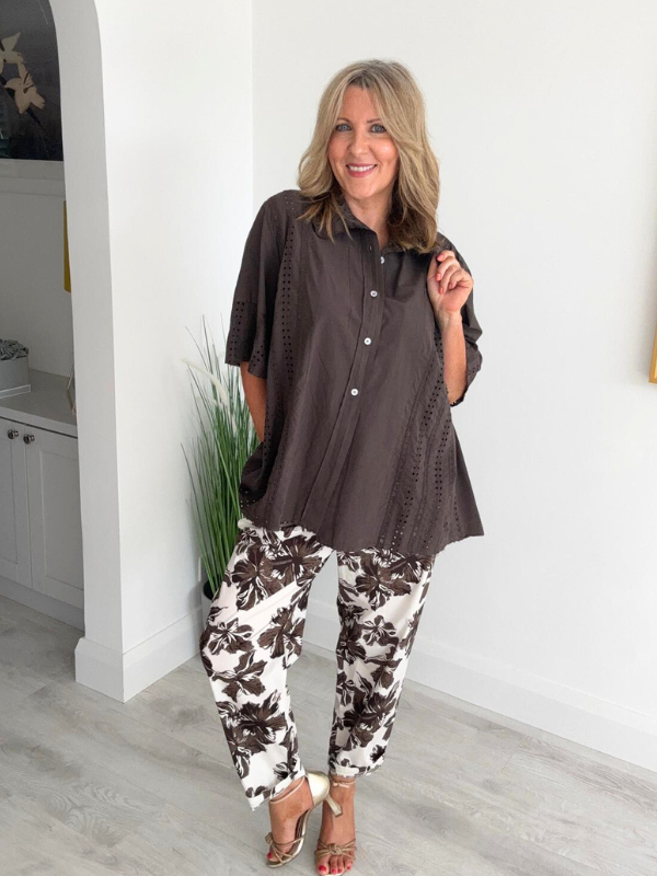 Dark brown embroidered textured short-sleeve A-line blouse with front buttons and classic collar – free size fits 8–20