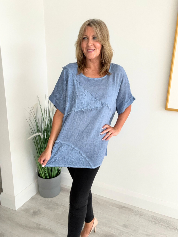 Brushed cotton and linen embroidered top with short sleeves and relaxed fit, displayed flat on neutral background