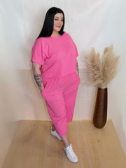 Model wearing Bold in Bark 3/4 Length Co-Ord Set with Tree Bark Fabric T-Shirt and Culotte Trousers – Comfortable and Stylish Casual Outfit