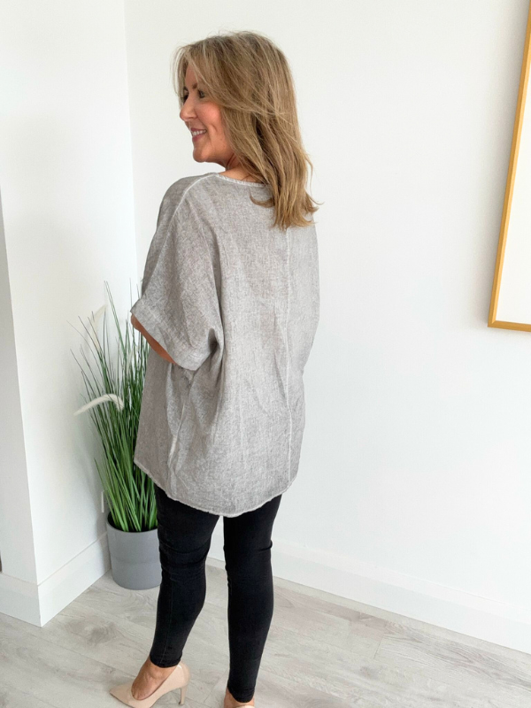 Brushed cotton and linen embroidered top with short sleeves and relaxed fit, displayed flat on neutral background